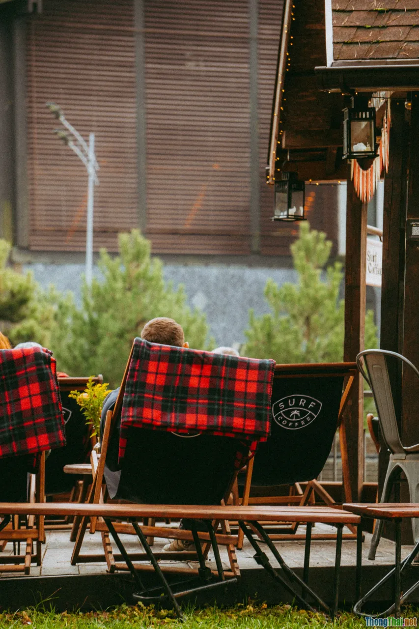 rainy couple, misty pines, warm cafe, cozy blanket