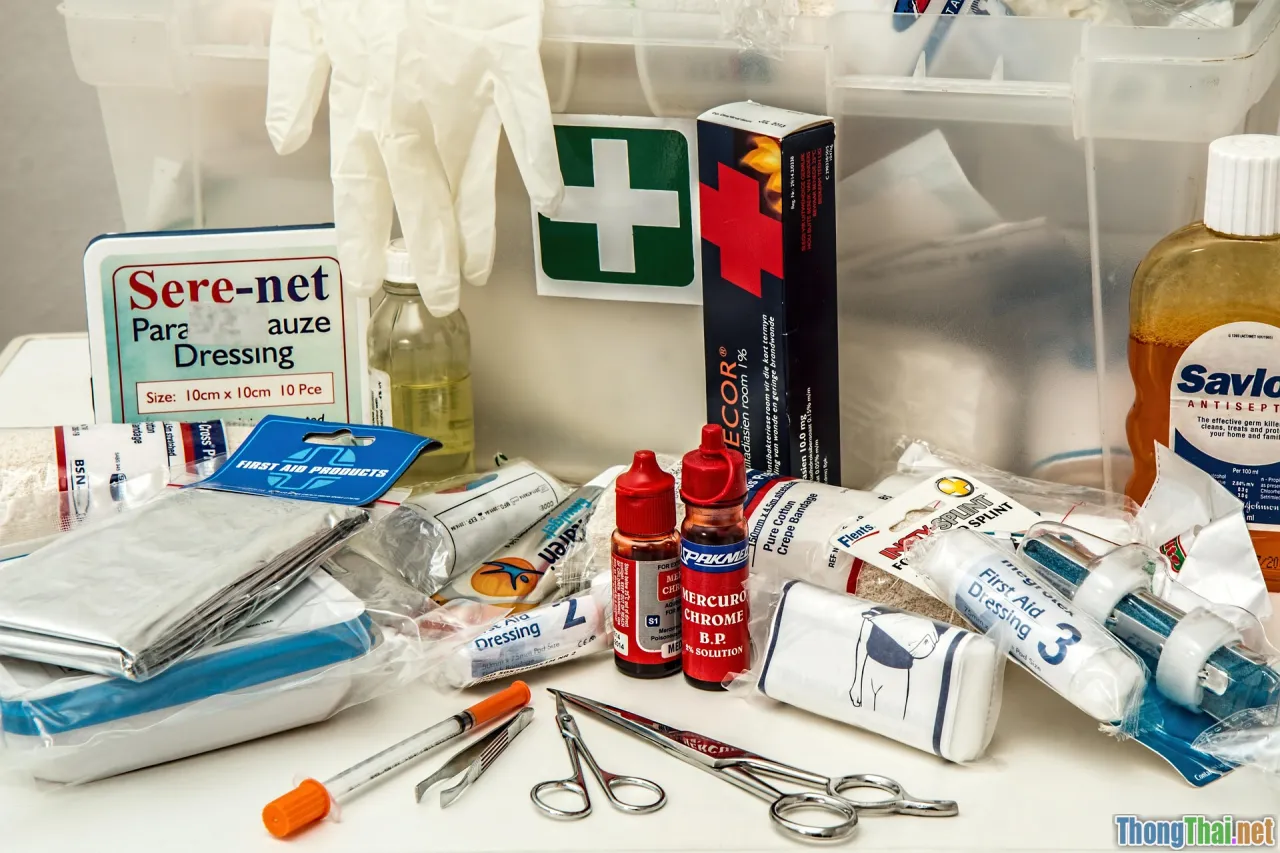 first aid kit, bandages, antiseptic, scissors