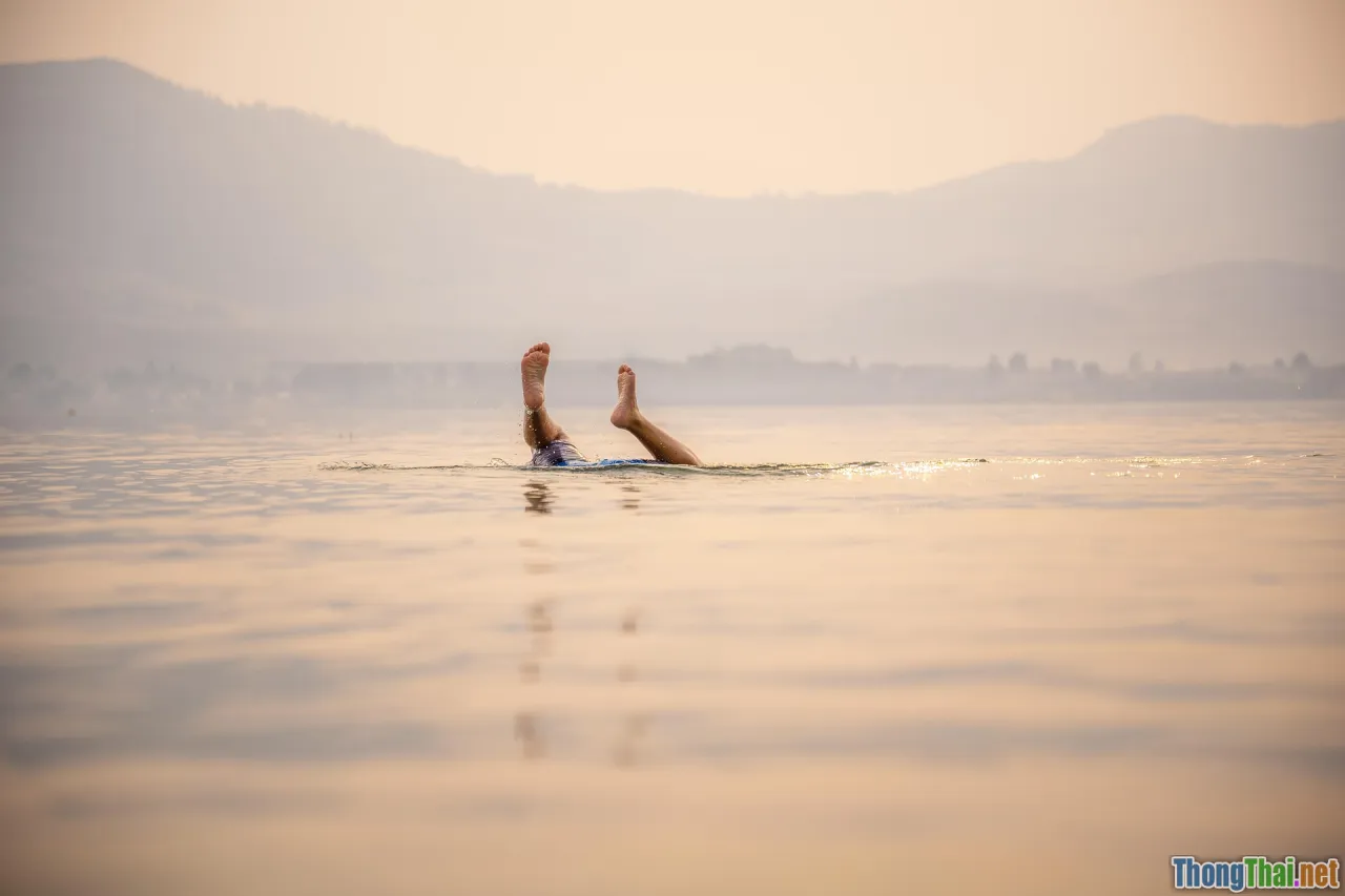 sunset beach, lotus pond, relaxed travelers, golden hour