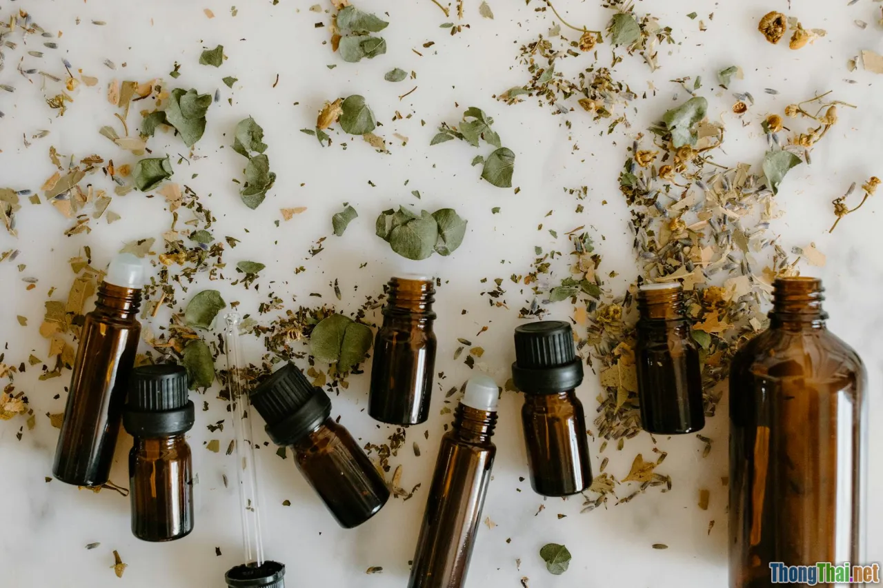 lavender field, essential oil bottles