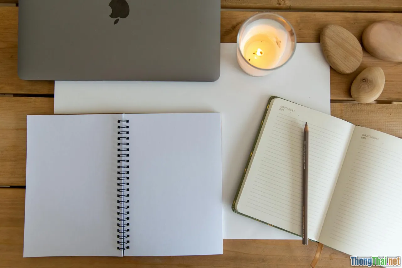 notebook, cozy desk, minimalism, warm light