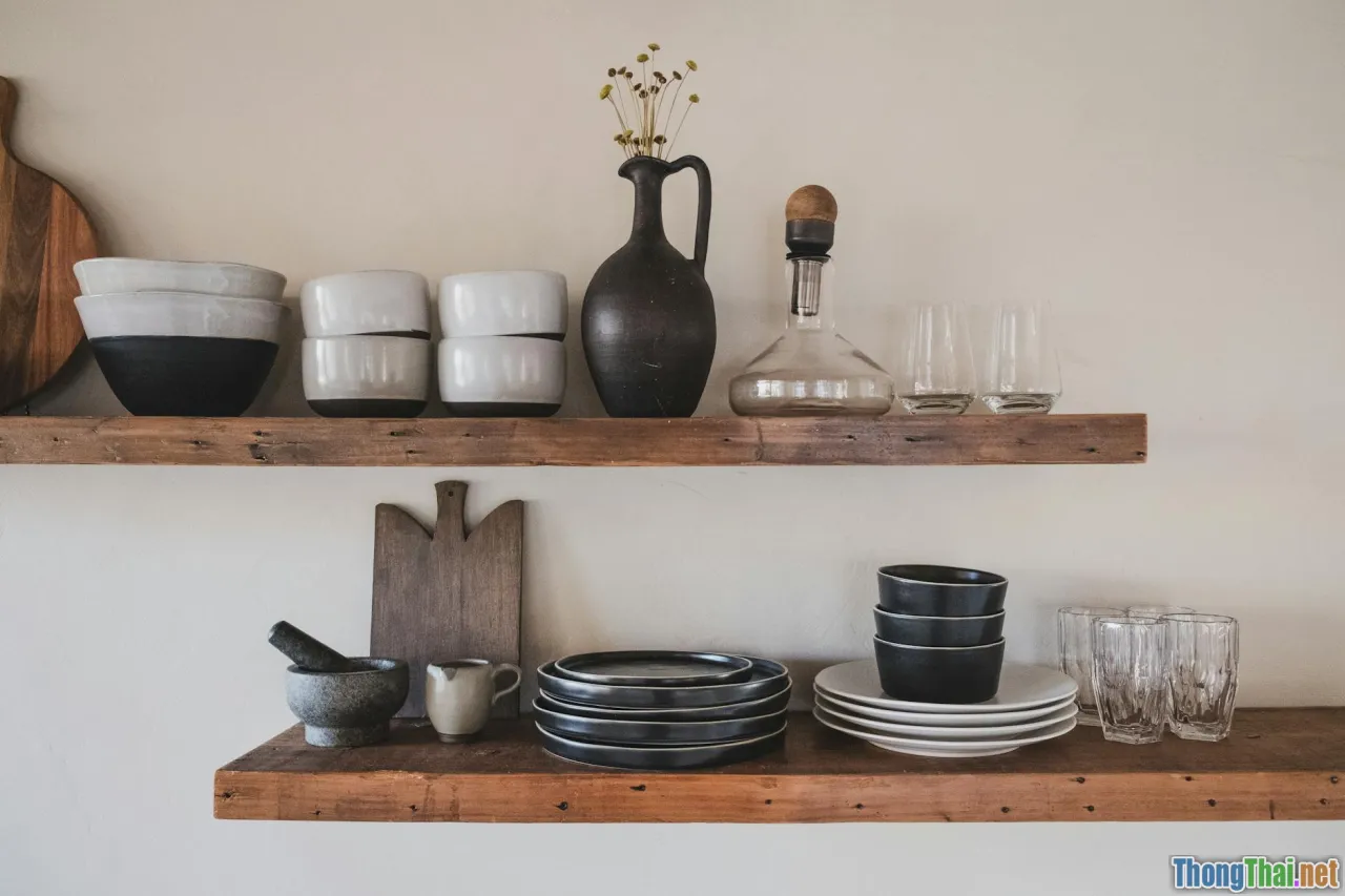 organized kitchen, vintage cutlery, open shelves